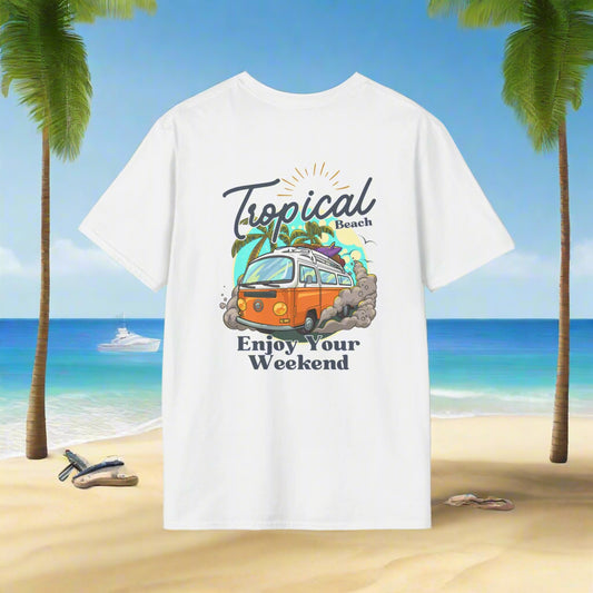 Tropical Beach Unisex Softstyle T-Shirt - Enjoy Your Weekend Graphic Tee
